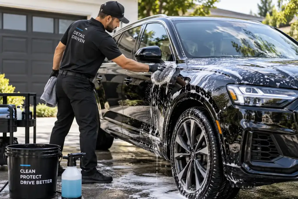 Exterior car detailing with paint, wheels, tires, and glass being cleaned