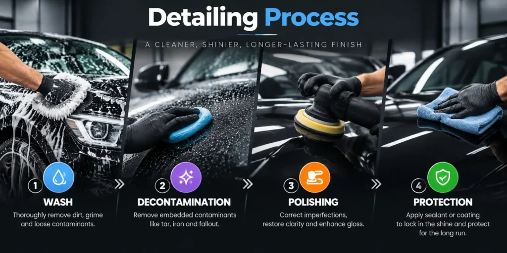 Car detailing process from washing and decontamination to polishing and protection