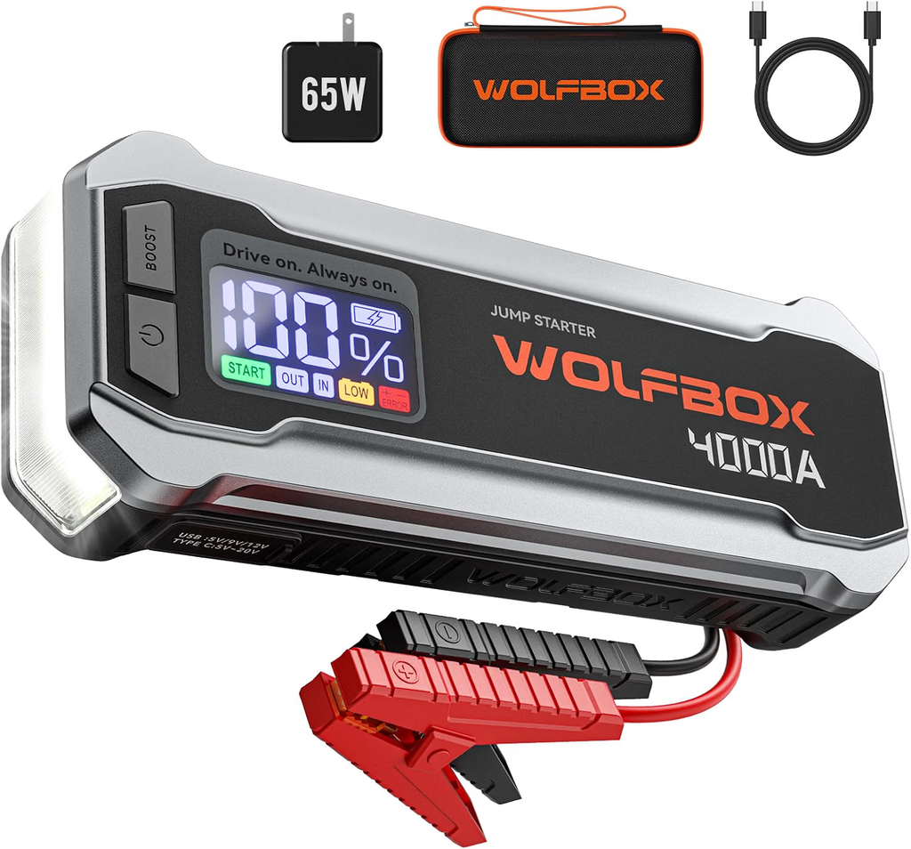 WOLFBOX 4000A Jump Starter,12V Car Battery Jumper Starter Portable with 65W Quick Charger,LED Display,88.8Wh Booster Jump Box Pack