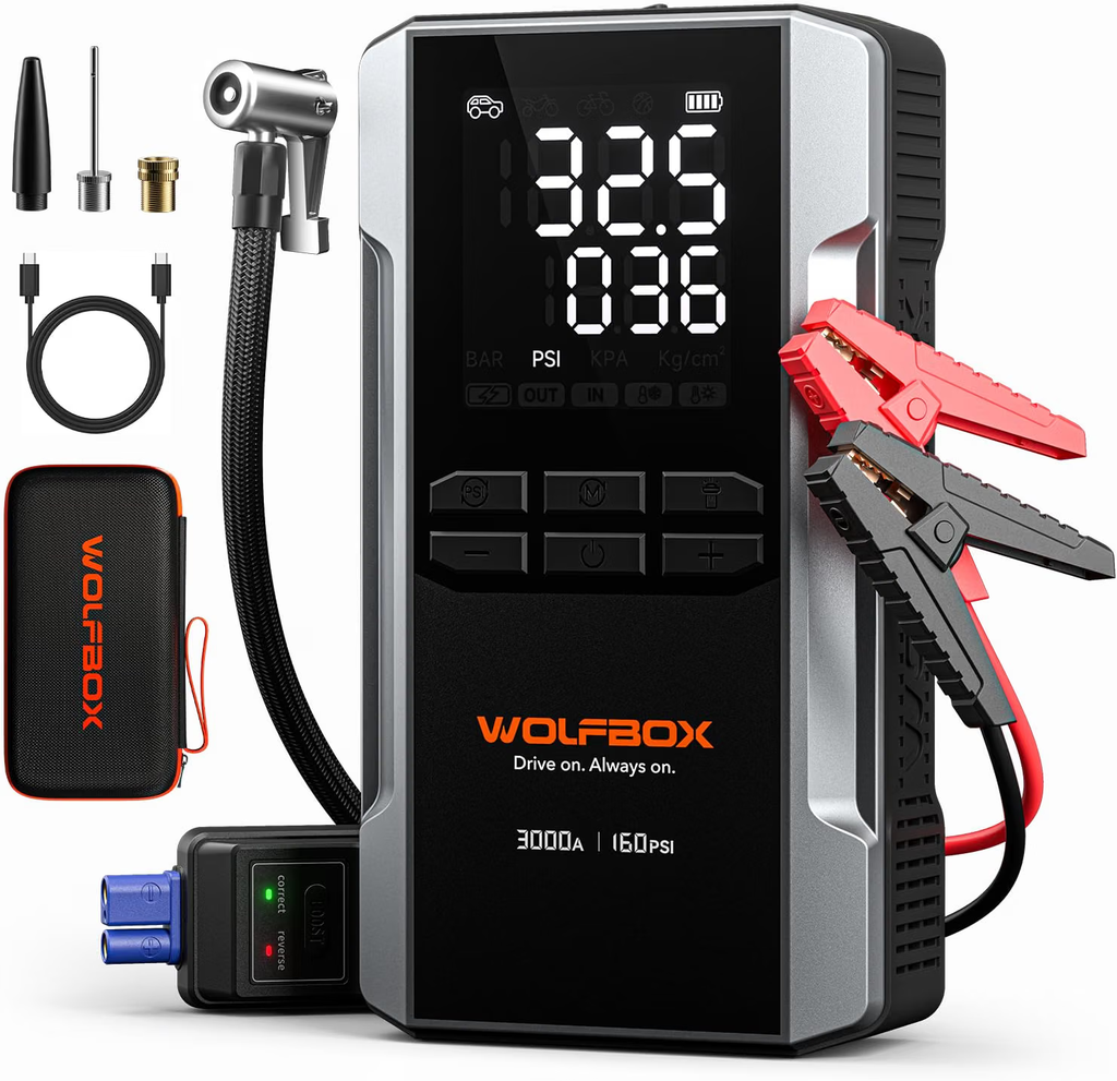 WOLFBOX MV16A 3000A Jump Starter with Air Compressor, 59.2Wh&160PSI Portable Car Battery Jump Starter with 65W Fast Charging, 12V Battery Pack