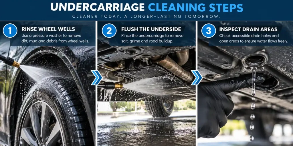 Steps for cleaning a car undercarriage with water