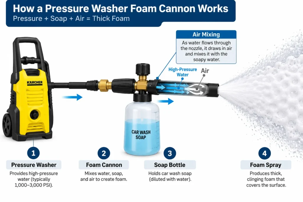 Diagram showing how a pressure washer foam cannon mixes water soap and air