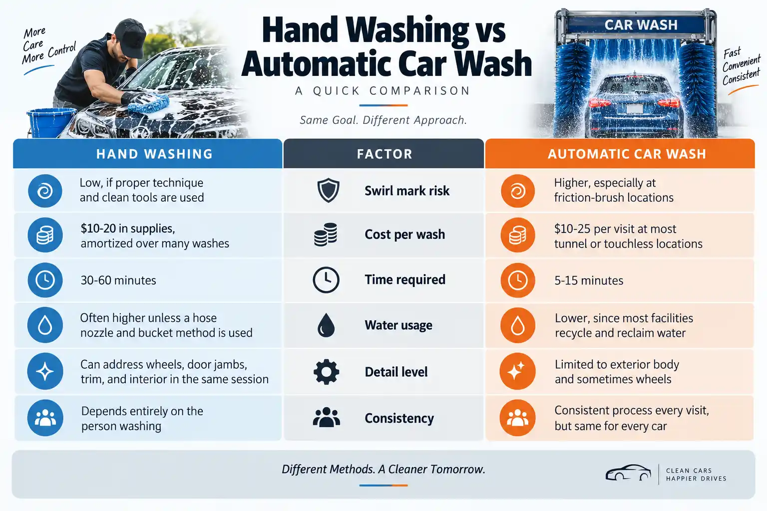 quick compare Hand Washing vs Automatic Car Wash