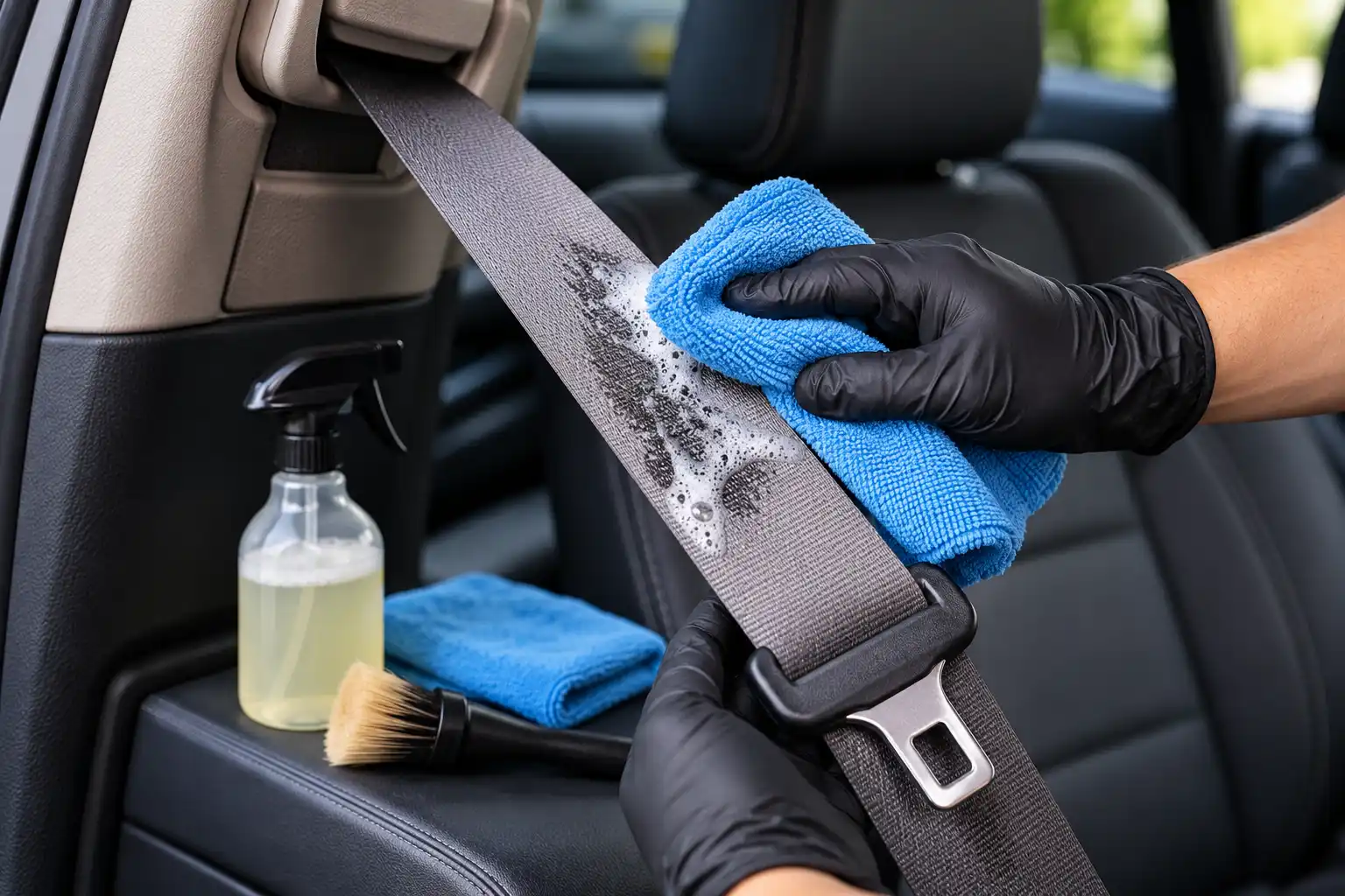 Cleaning a Car Seatbelt with Suds