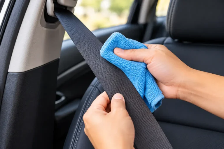 Cleaning a Seat Belt with a Blue Cloth
