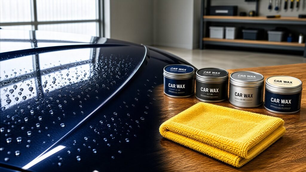 Car wax tins and microfiber cloth beside a glossy blue car hood