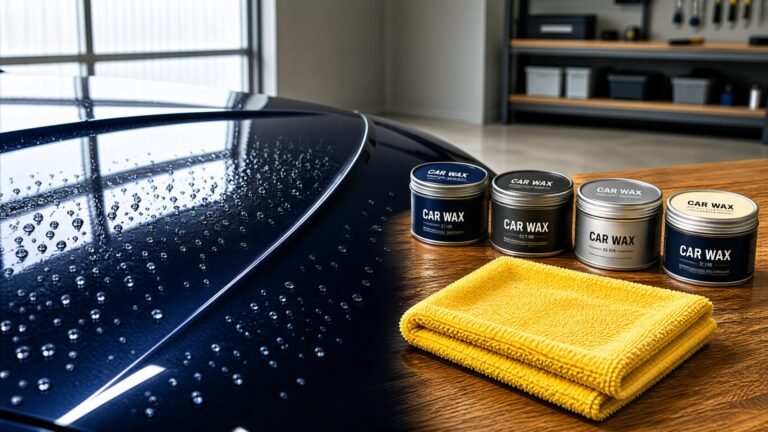 Car wax tins and microfiber cloth beside a glossy blue car hood