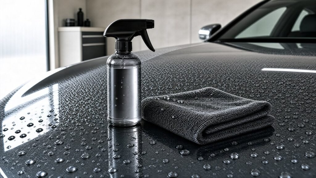 Ceramic spray coating bottle on a glossy car hood with water beads
