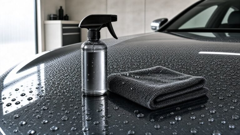 Ceramic spray coating bottle on a glossy car hood with water beads