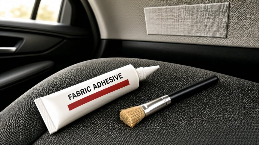 Fabric adhesive glue tube on a car seat showing glue for car interior fabric repair.