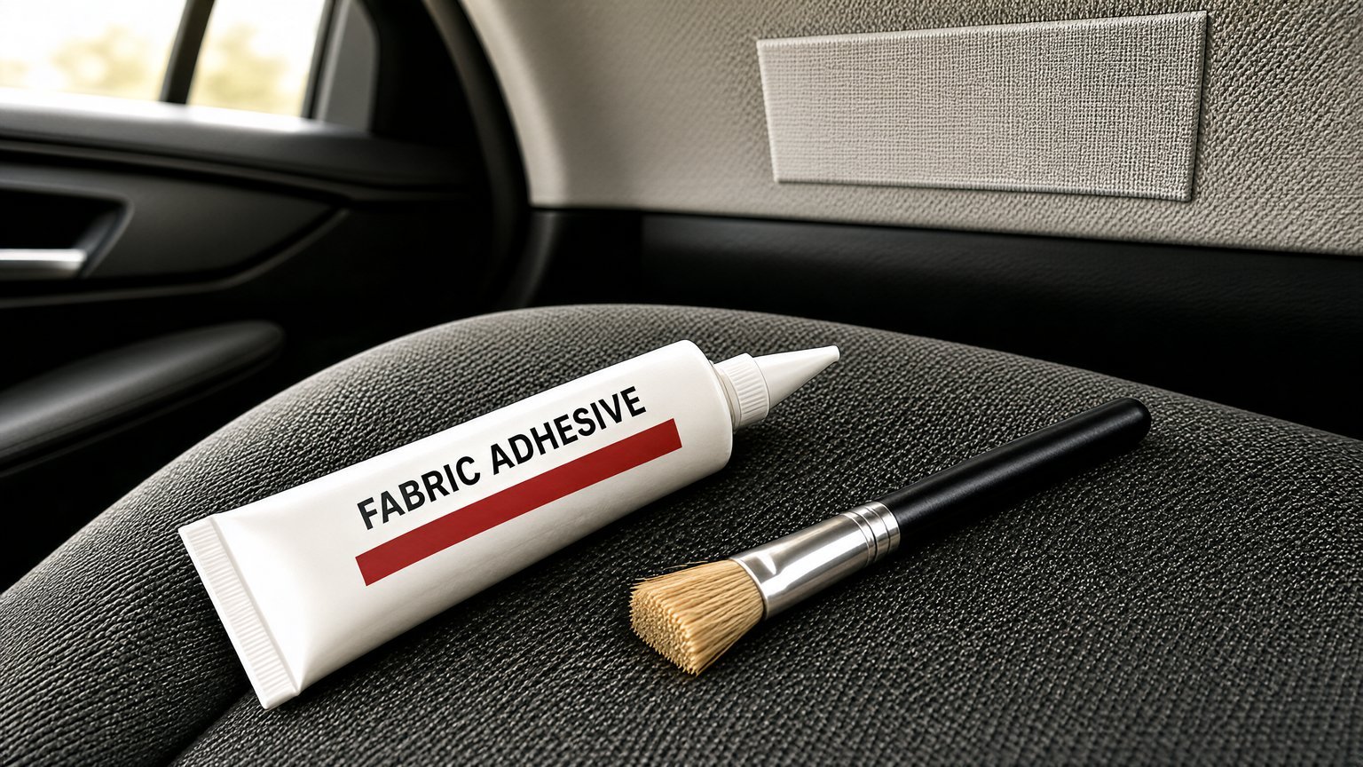 Fabric adhesive glue tube on a car seat showing glue for car interior fabric repair.
