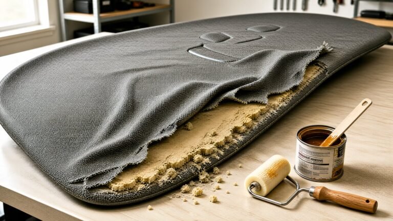 Headliner fabric and adhesive supplies on a garage workbench for car headliner repair