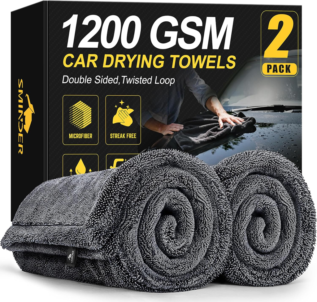 SMINDER 2-Pack 1200 GSM Car Drying Towels – Microfiber Towels for Cars
