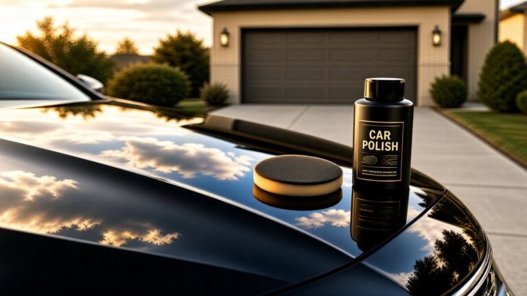 Polished black car hood reflecting the sky next to car polish and applicator pad